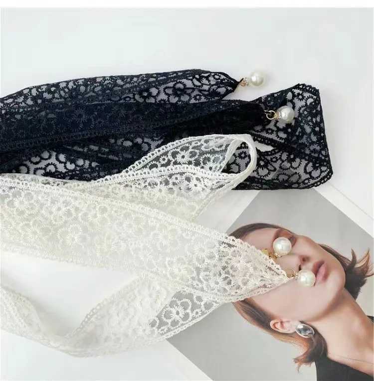 New Korean style elegant lace tie with pearl pendant long ribbon scarf jacket decoration waist chain new X250410