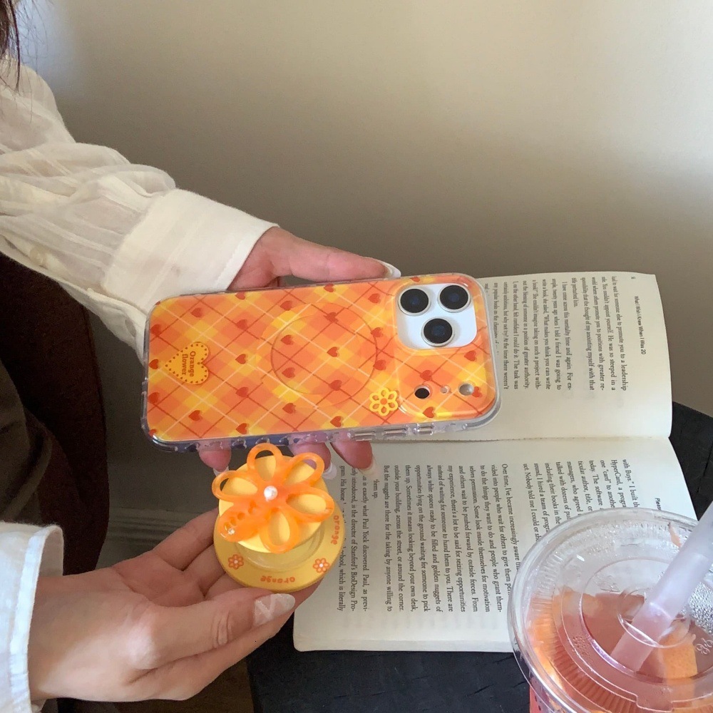 Plaid Heart Flower Stand Phone Case Compatible with iPhone 17/16 Cartoon Solid iPhone Color 15/14 Pro