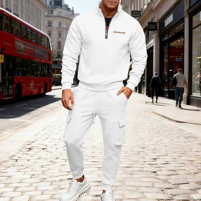 20025 Winter velvet half zipper stand-up collar pullover solid color casual sweater tooling trousers suit men W251110