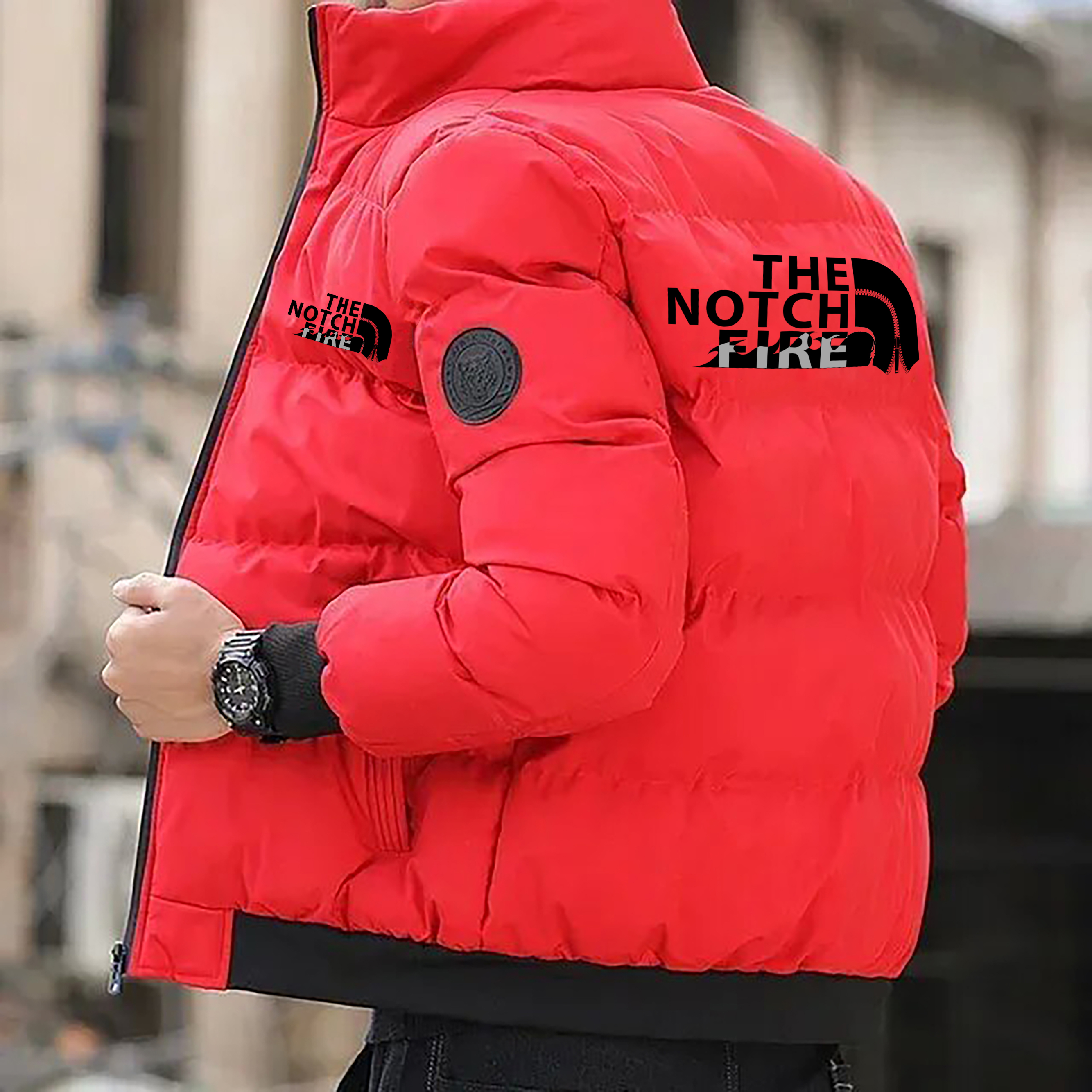 Men's casual thick cotton jacket with printed collar and stand-up collar style outerwear