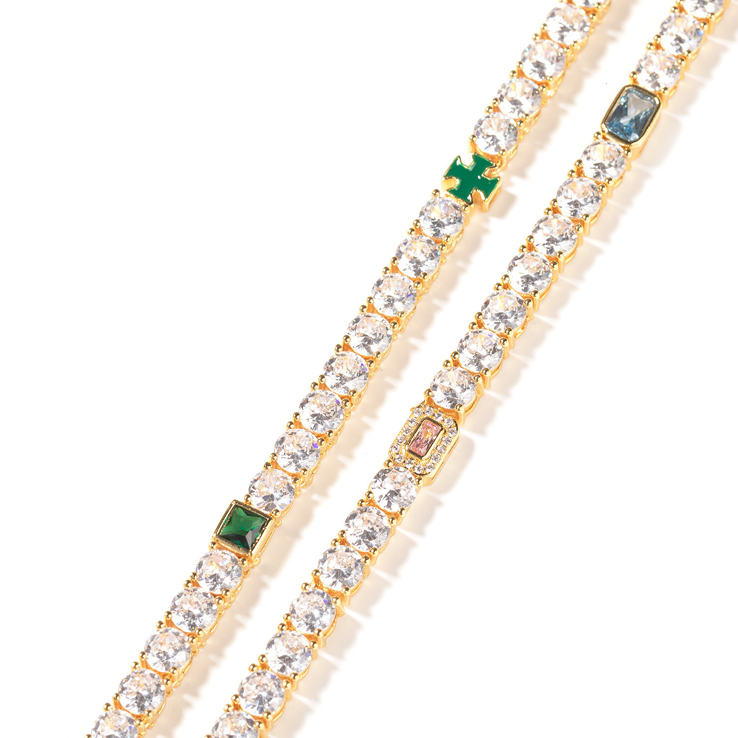 Hip Hop Full Colorful Cz Stones Opal Tennis Chain Necklace 14k Real Gold Plated Copper Bling Cubic Zircon Unisex Chains Party Rap Jewelry Accessories 