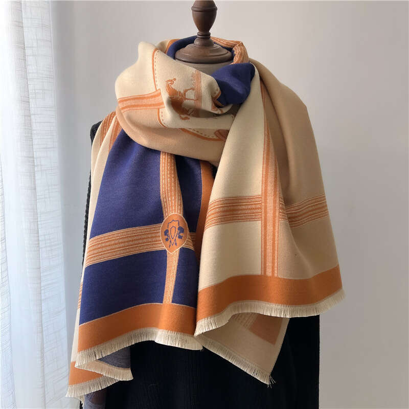 Autumn Winter European and American Foreign Trade New Color Block Tassel Fleece Scarf Women's Patchwork Thickened Shawl Fashion One Piece Dropshi