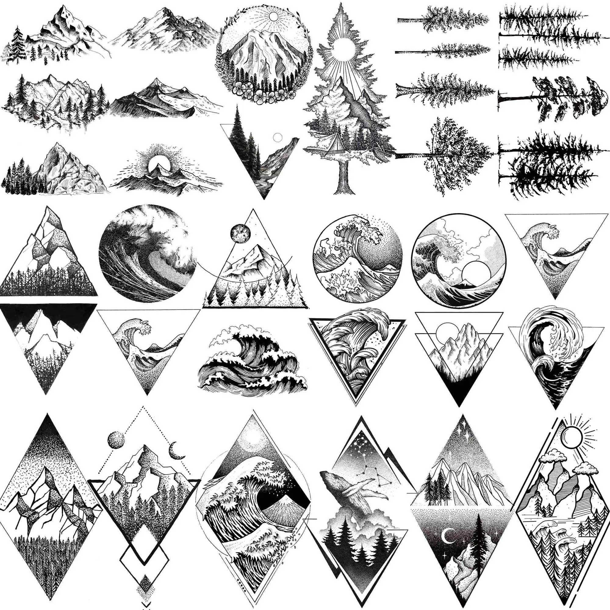 18 temporary tattoos on Mount Geometry suitable for men women adults fake wave tattoo stickers black 3D pine tree tattoos triangles W250410