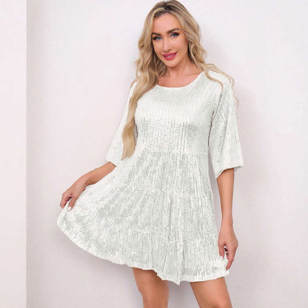 New Hot-Selling Fashion Solid Color Loose Waist Sleeve Short Sequin Party Night club maxi dress SEXY DRESSES FOR WOMEN