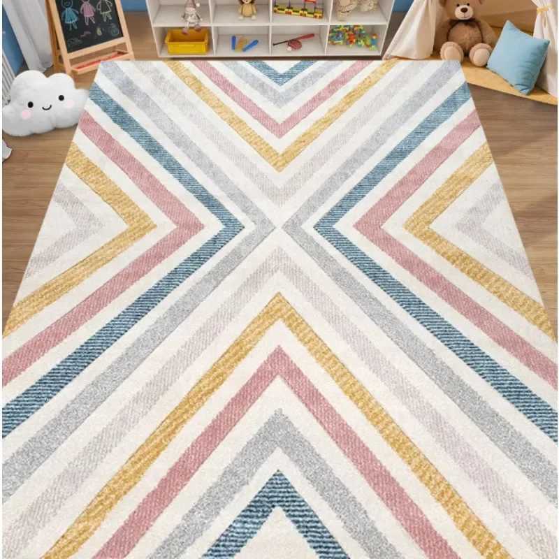 Colorful Stripes Childrens Carpet Living Room Bedroom Childrens Mats Retro Minimst Art Room Rhombus Home Decoration Rugs Y251110