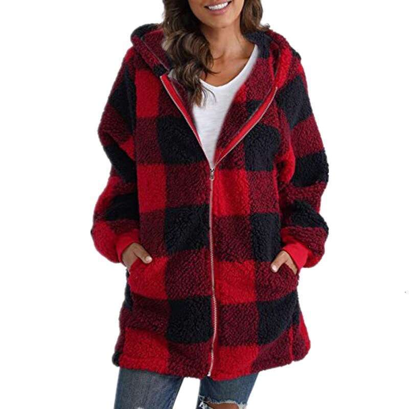 European and American Style Plush Women's 2024 New Amazon Long Sleeve Plaid Hooded Zipper Pocket Loose Jacket