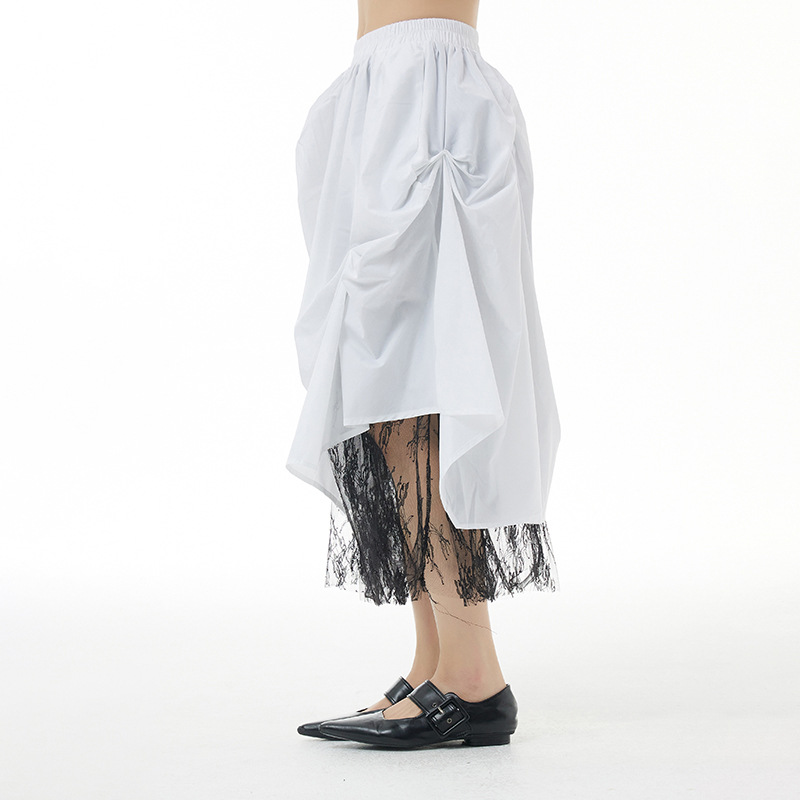 Y42190 High Quality Spring Temperament Original Large Size Women's Pleated Skirt Loose Slimming Mesh Splicing Skirt