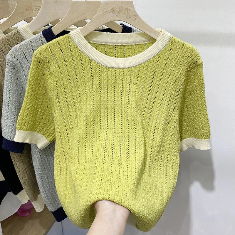 Korean fashion clothing summer thin hollow T-shirt womens knitted top womens casual T-shirt short sleeved T-shirt 250410