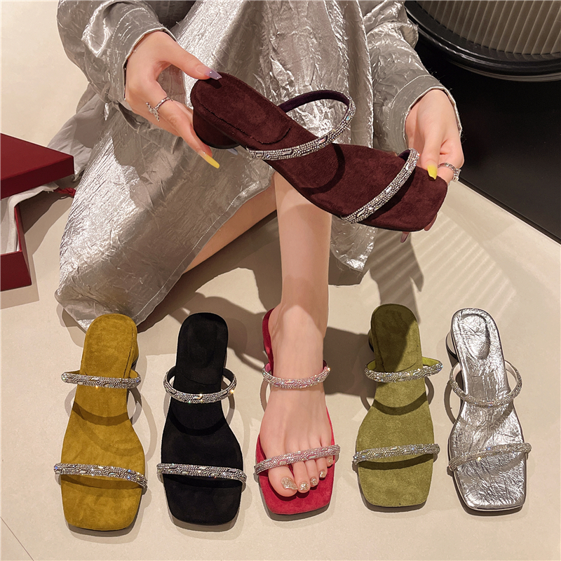 Rhinestone Sandals Women's Shoes 2026 Summer Trend Fashion Square Toe Crystal Heel Slippers Simple Shiny Square Toe Sandals Elegant dress with fl
