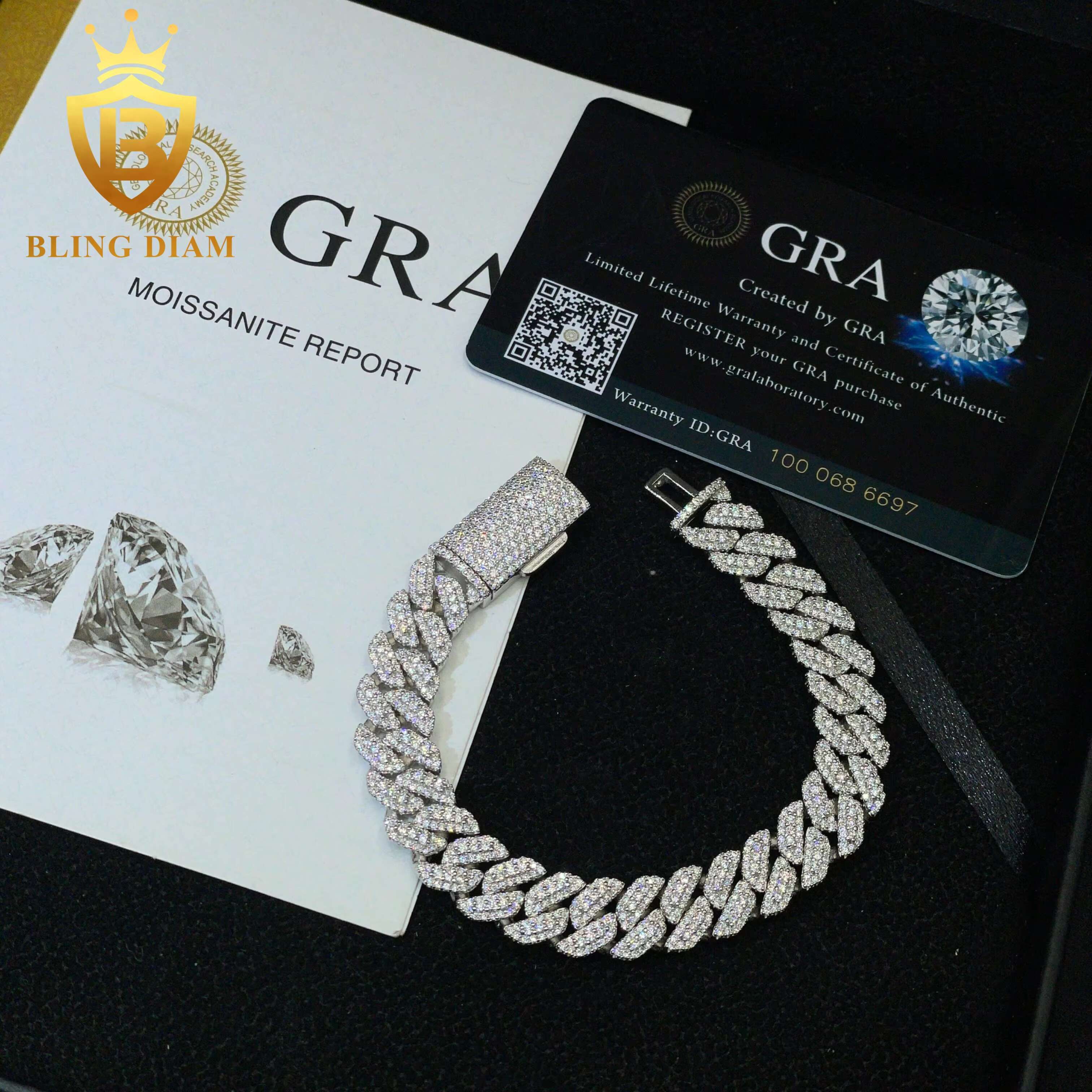 Customized 10MM Hip Hop Jewelry 925 Sterling Silver Moissanite VVS Diamond Cuban Chain Bracelet
