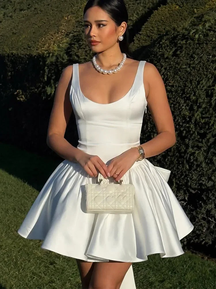 Elegant satin solid color womens Camisol dress chic bow without back high waisted vest sleeveless high street dinner dress 250403