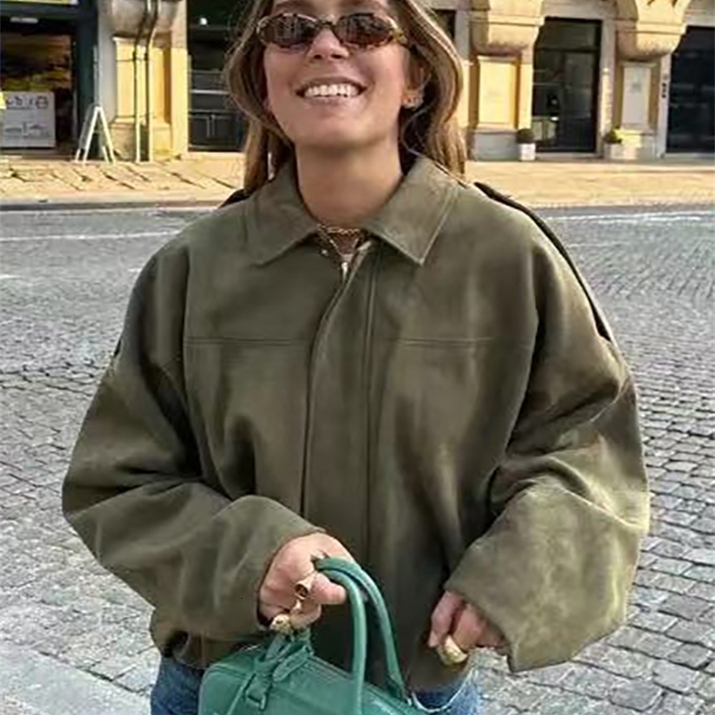 Vintage Women Green Oversize Bomber Jackets Fashion Ladies Elegant Loose Soft Outfits Jacket for Party Female Chic Clothes 251105