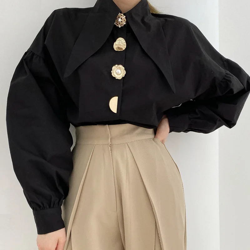 White Elegant Pearl Womens Shirt Korean Sharp Collar Loose Long Sleeve Womens Shirt Y2k Fashion Fashion Womens Top 250409