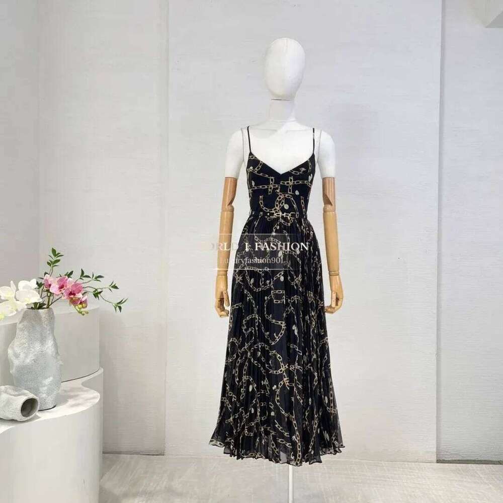 Autumn New Casual Style Women Wearing Two Colors Black Beige Chain Pattern Print Sleeveless Backless Midi Dress Hot Sale