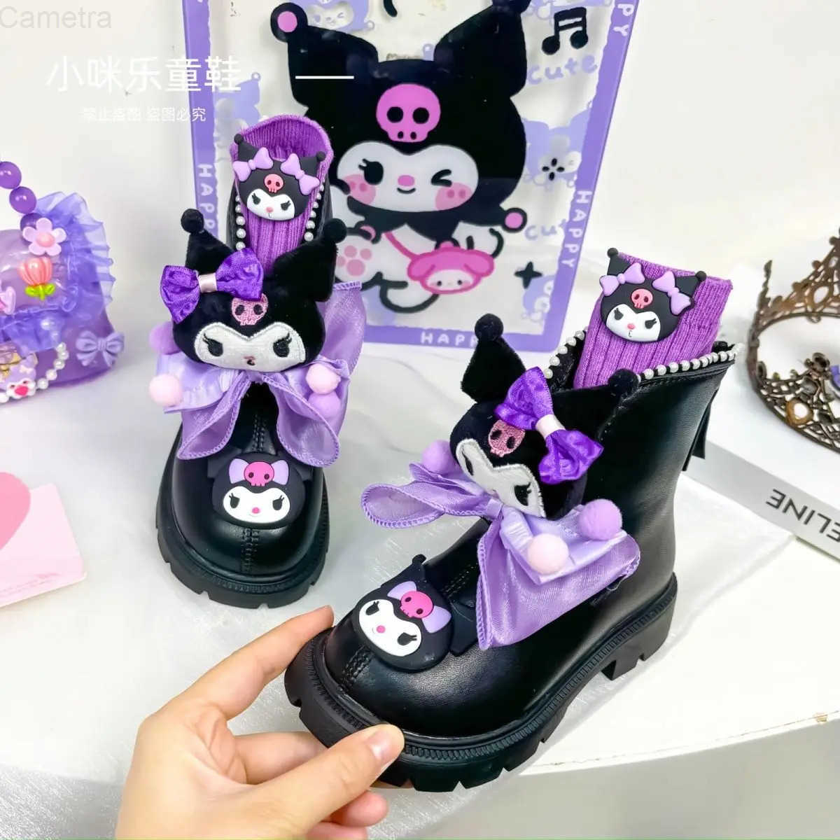 Sanrio Winter Kuromi Anime Ins Kawaii Children Leather Boots Autumn Winter Cute Cartoon Fleece Waterproof Warm Cotton Shoes Gift H251110