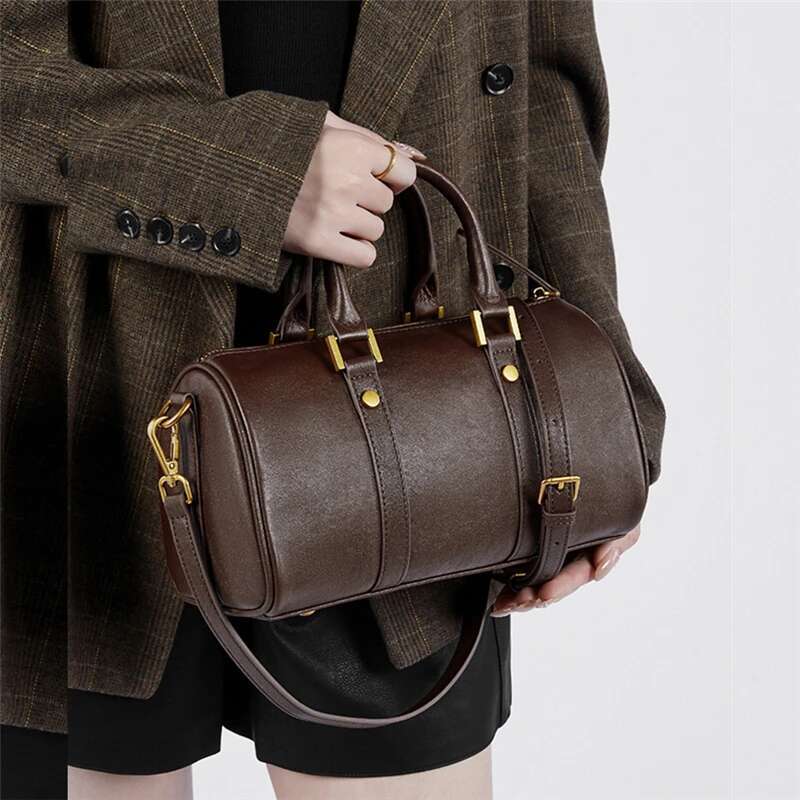 Vintage Cowhide Genuine Leather Boston Small Shoulder Crossbody Bags For Women New Trend Designer Pillow Tote Ladies Handbags