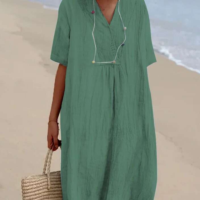 In Stock 2025 Spring/Summer New Women's Versatile Hot-Selling Casual Slimming Dress Solid Color Cotton Linen