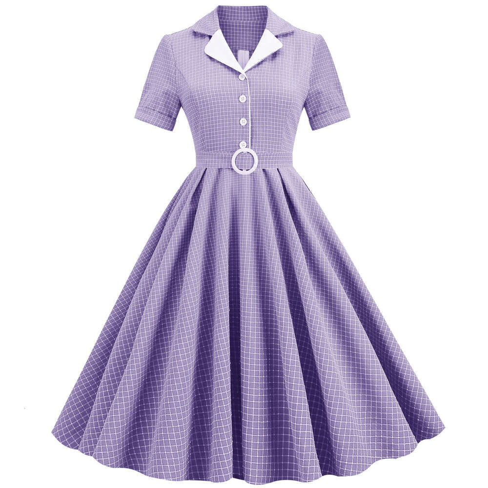 Hepburn style explosive street contrasting suit collar, grid elastic slim fit tie, large swing, medium length retro dress for women, 2025 new style, c
