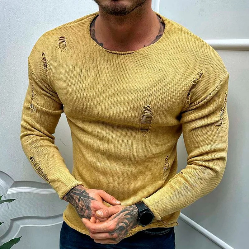 European American mens summer fashion perforated knitted sweater with round neck long sleeves thin base shirt top 250407