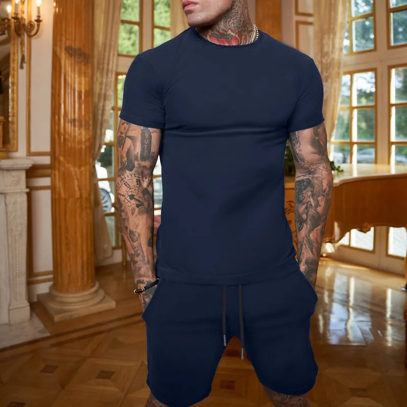 Summer Mens Fashion Casual Solid Color Cotton T-shirt Set Running Sports Large Short Sleeve Shorts Two Piece Set 250409