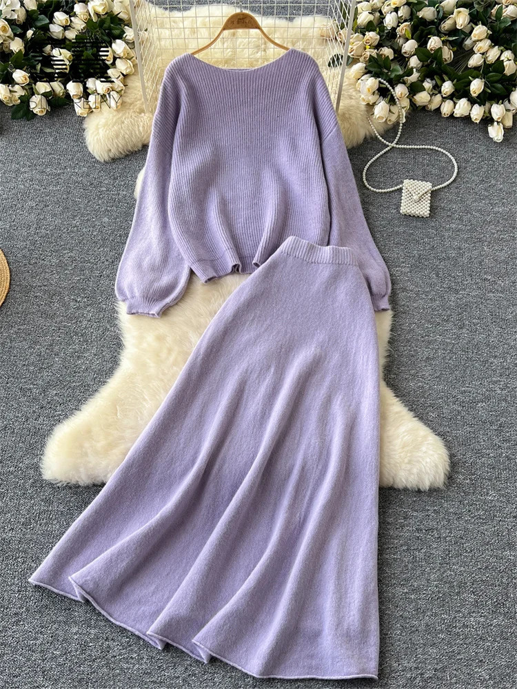 SINGREINY Gentle Korean 2pcs Suits Women Autumn Winter Loose SweaterElastic Waist Skirt Ladies Basics Knitting Two Pieces Sets 251110