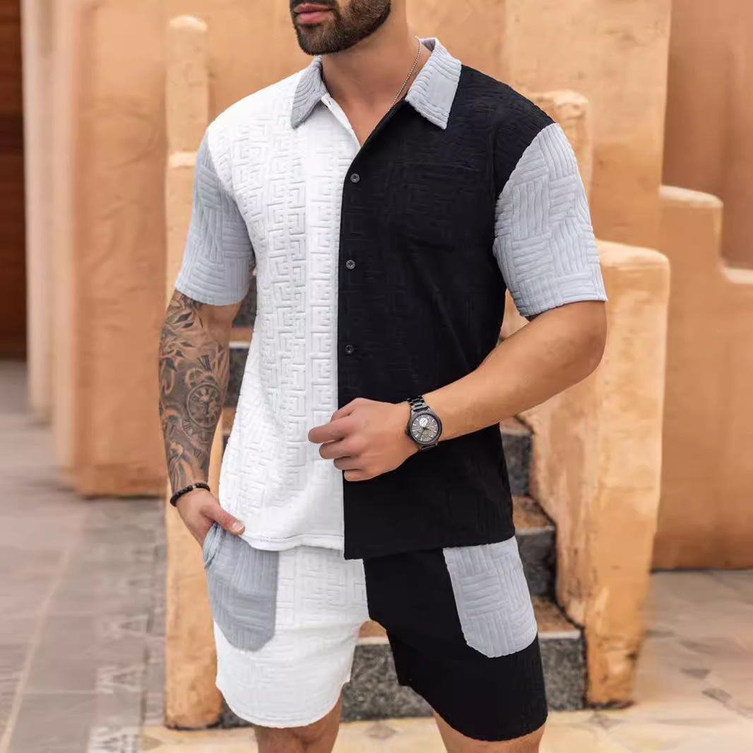 Tem 2025 Summer Mens Casual Sports Set Jacquard Knitted Shirt Mens Shorts Set Trendy