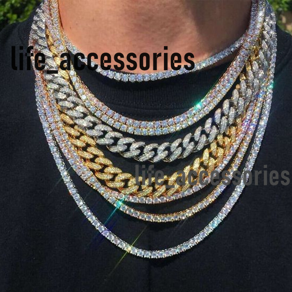 Hot Selling Pass Diamond Tester 925 Solid Silver 12mm 13mm 14mm 15mm Two Rows Iced Out Hip Hop Vvs1 Moissanite Cuban Link Chain