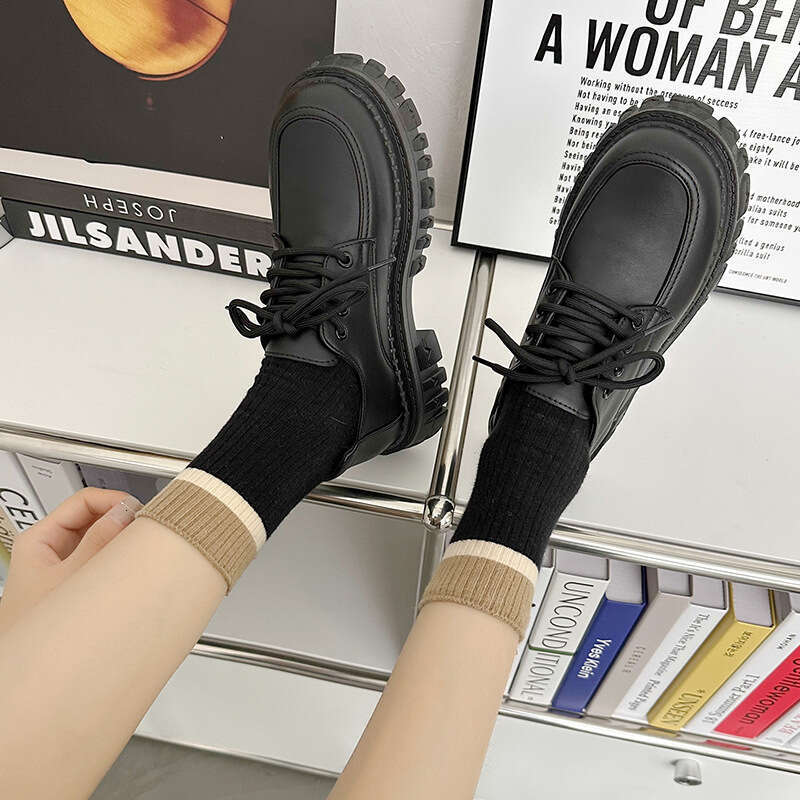 Woman Sandals Autumn And Winter New Black Versatile Thick Soled Casual For Women British Style Fashionable Lace Up Single Shoes JK Academy