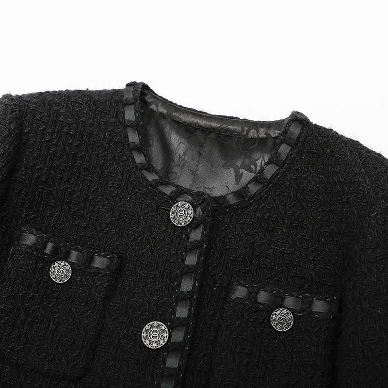 Su Li Autumn and Winter Black Round Neck Tweed Long Sleeve Single Breasted Ladies Elegant Casual Fashion Lady Jacket 251110