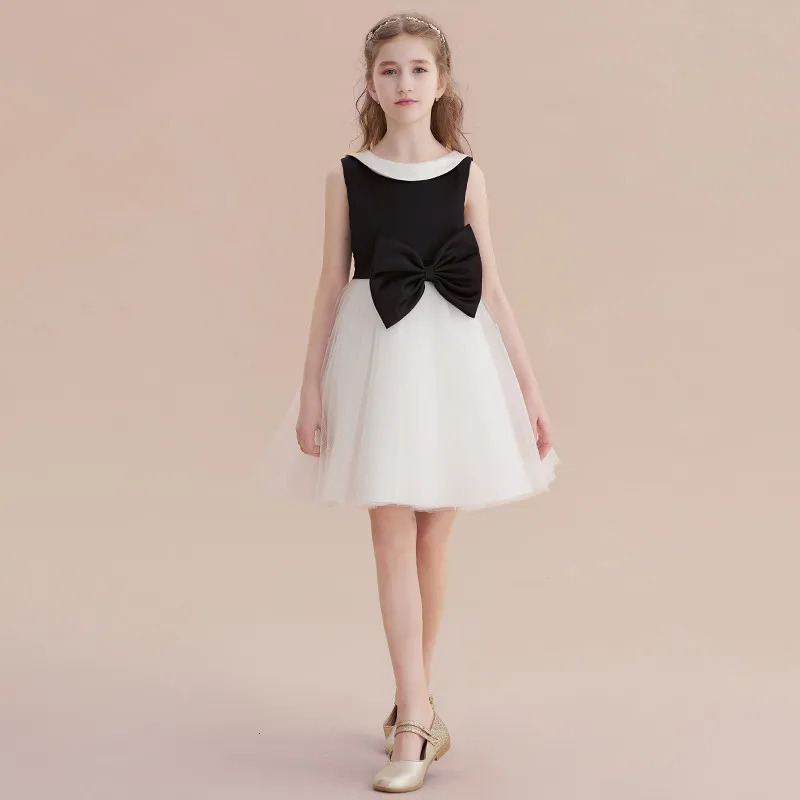 Customized white and black satin chiffon short girl party dress cute bow flower girl dress princess birthday party dress 250403