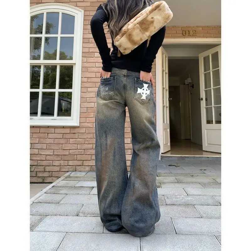Retro Punk Goth Washed Jeans Women Y2K Streetwear Distressed Dirty Dyed Harajuku Street Loose Casual Straight Wide Leg Jeans C251110