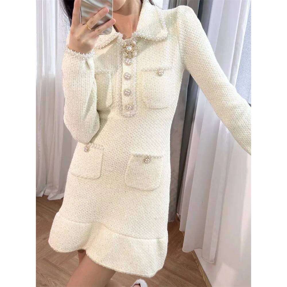 High Waist Sweet Women Tweed Lapel Long Sleeve Pearl Sequins A-Line Short Dresses Slim Fit Office Ladies Elegant Dress