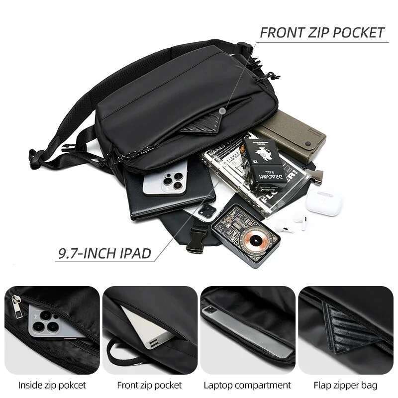 Messenger Men, Large Capacity Waterproof Shoulder , Casual Crossbody Bag Fit 9.7 Inch Ipad For Travel Black