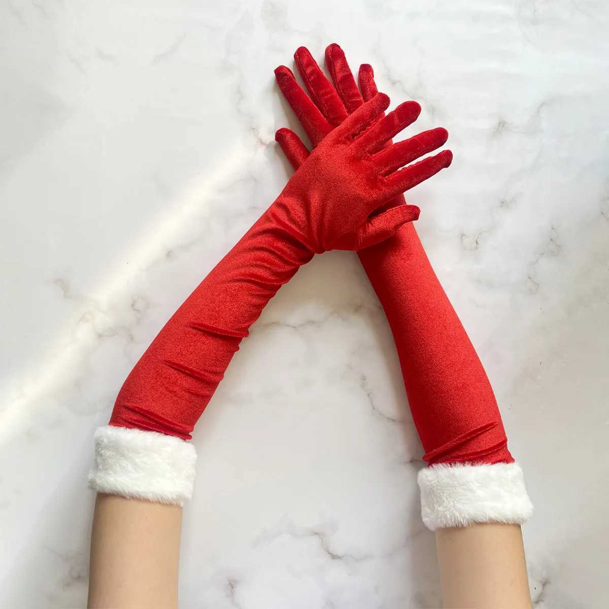 A Pair OfRed Long Velvet Gloves White Furry Cuff Elegant Party Gloves For Women Christmas Cosplay Evening Dress Accessories L251110