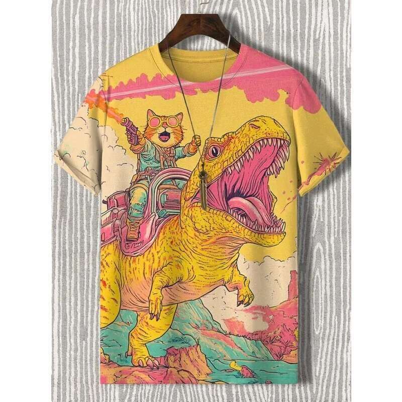 Interesting cat 3D printed T-shirt for men, interesting dinosaur pattern T-shirt, fashionable new casual oversized round neck men's clothing