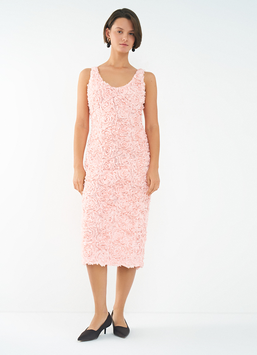 Women's Pink 3D Flower Scoop Neck Dress, Fitted Midi Length Evening Gown