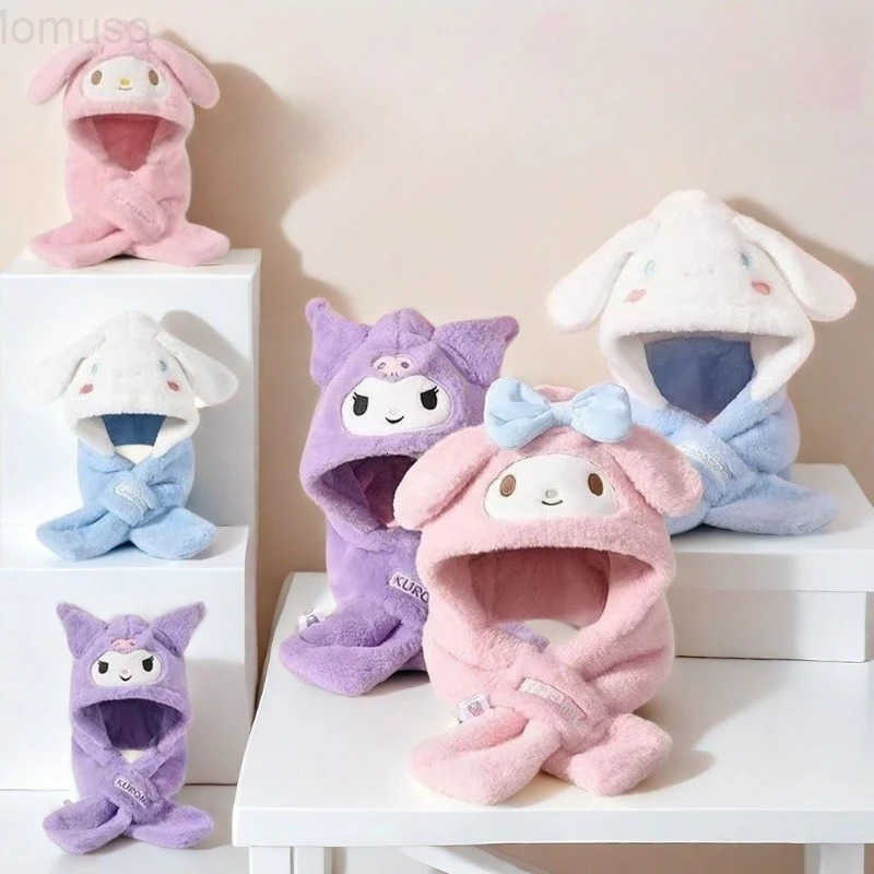 Sanrio anime hat neck scarf and ear protection integrated cartoon kuromi Cinnamoroll cute childrens thickened and warm gift H251110