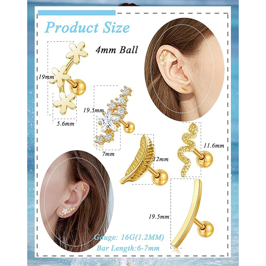 9 Pcs Cartilage CZ Stud Earrings Conch Forward Helix Tragus Daith Piercing Lip Rings Snake Heart Butterfly Jewelry for Women Men 16G Gold Tone