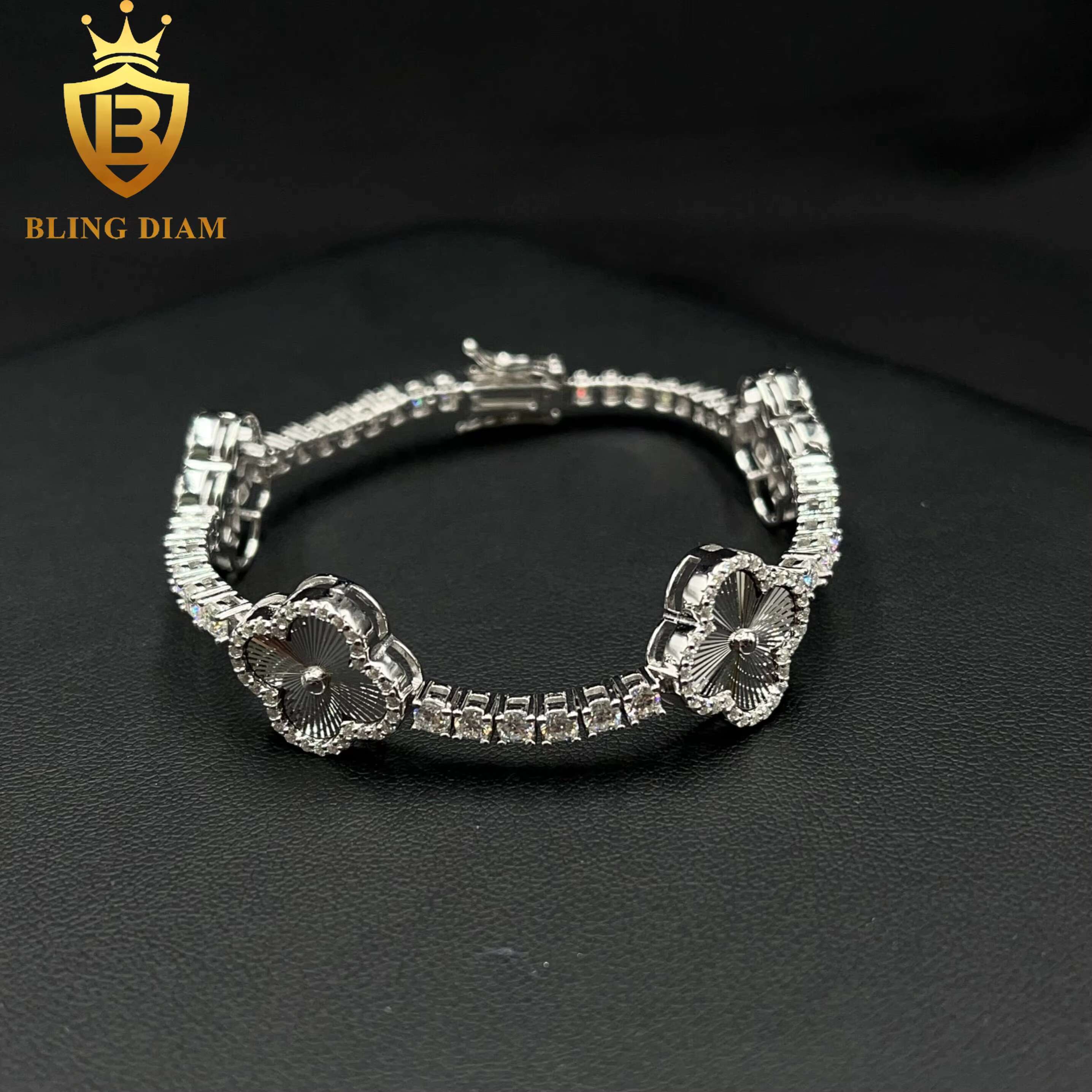 Fashion Iced Out Four Leaf Flower Moissanite Tennis Chain Bracelet 925 Sterling Silver 3mm Charm Moissanite Bracelet Pass test