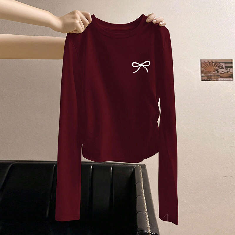 Cross-Border Amazon Foreign Trade Women's Clothing Spring Autumn European and American Solid Color Long Sleeve T-Shirt Waist Gathered Round Neck 