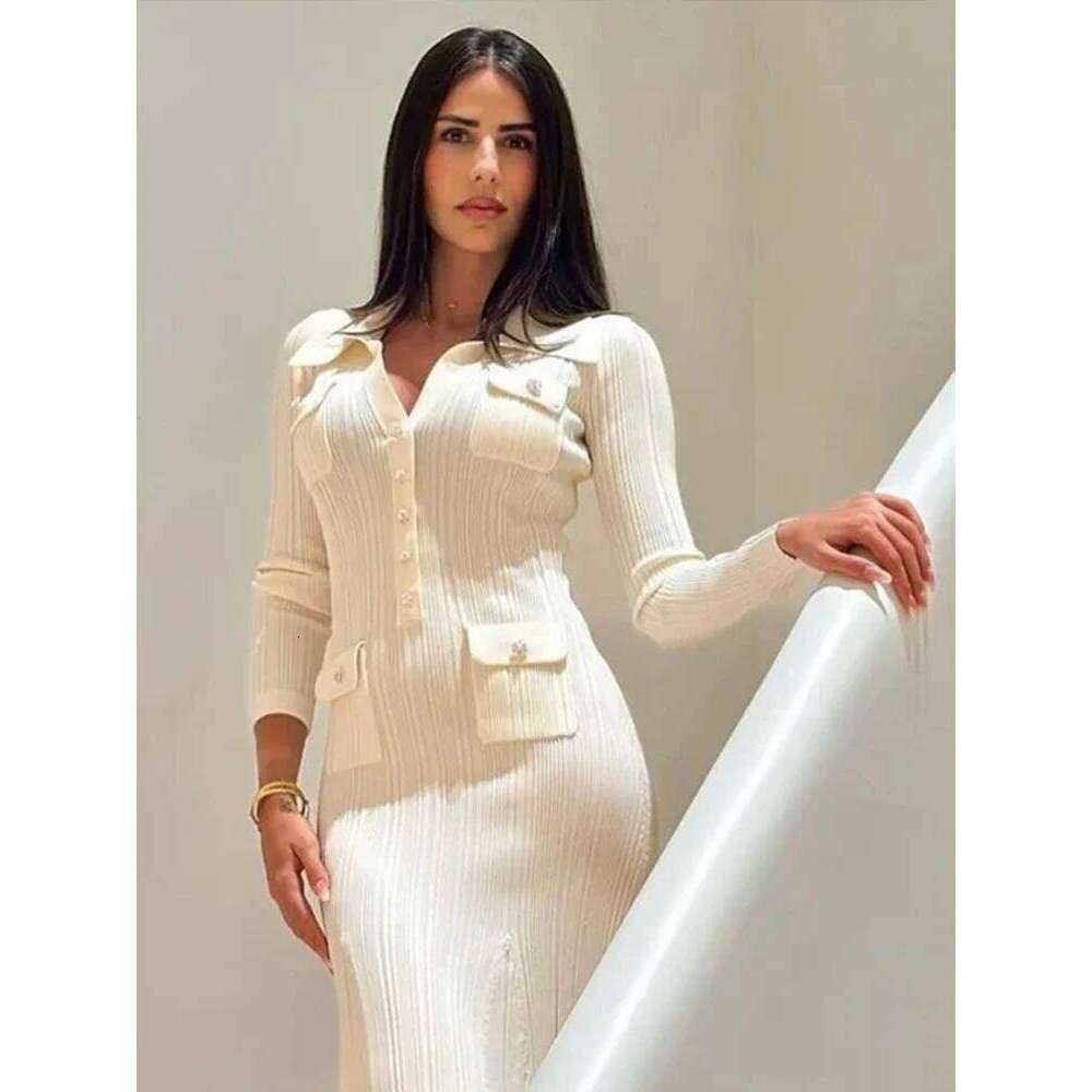 Knitted Hip Wrap Long Dresses Elegant Threaded Lapel Deep V Knitwear Dress Fashion Waist Cinching Slimming Spring Autumn Robes