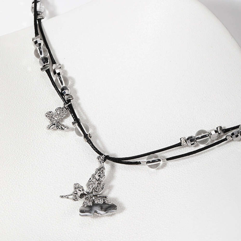 DHcollections Original Ins Style Ink Painting Plate Double Layer Stacked Butterfly Female Cold retro Design Sense Sweater Chain Necklace Item