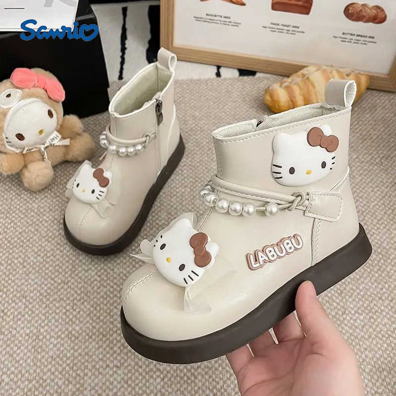 Sanrio Kawaii Hello Kitty Children Cute Cartoon Comfortable Warm Leather Boots Students Waterproof Boots Flat Shoes for Kids H251110