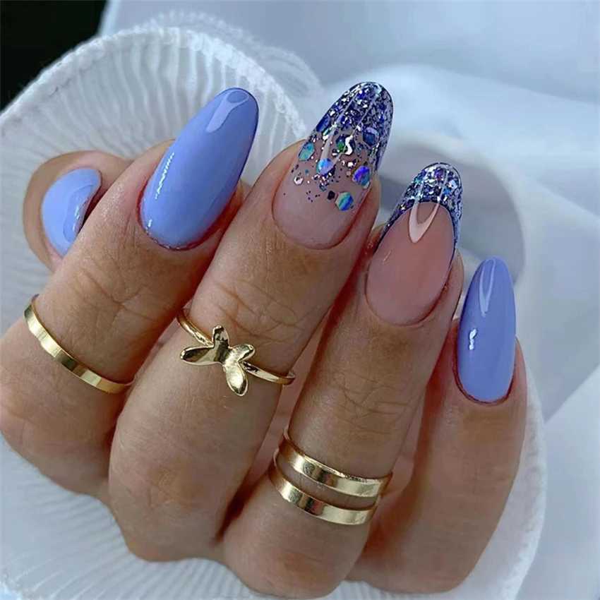 24Pcs small flower design almond perforated fake nails blue and white oval acrylic nail machine detachable human fake nails W250410