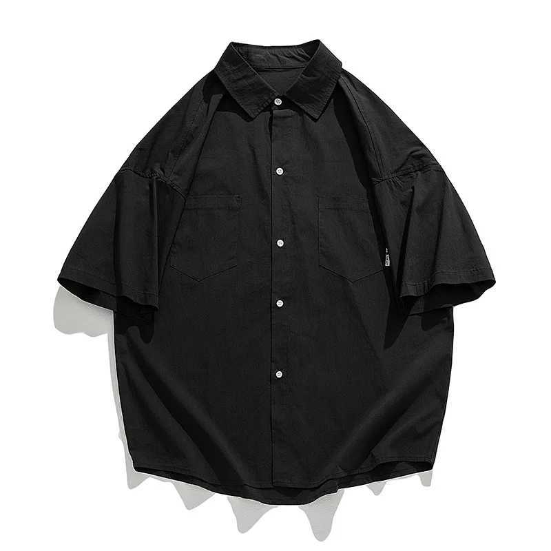 Mens dual pocket design short sleeved mens retro loose solid color simple casual trend brand from Japan X250410