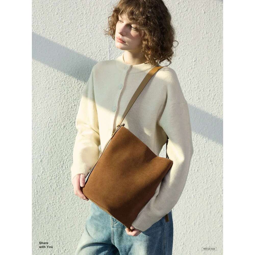 Vintage Style Multiple Outfits Bucket Park Tote Chamois Suede Leather Women Shoulder Bag Grey High Quality Adjustable Handbag