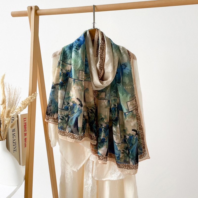 K354 Women's large shawl Chinese style hollow cut silk scarf Suzhou garden print shawl high-grade sunscreen gauze scarf