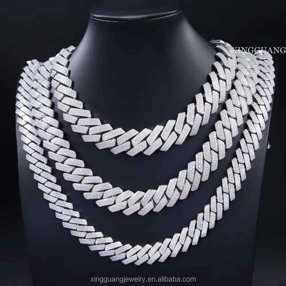 Solid Silver Cuban Chain 15MM 20MM Wide 3Row GRA Certificate VVS Moissanite Diamond Cuban Link Chain Men Rapper Hip Hop Necklace