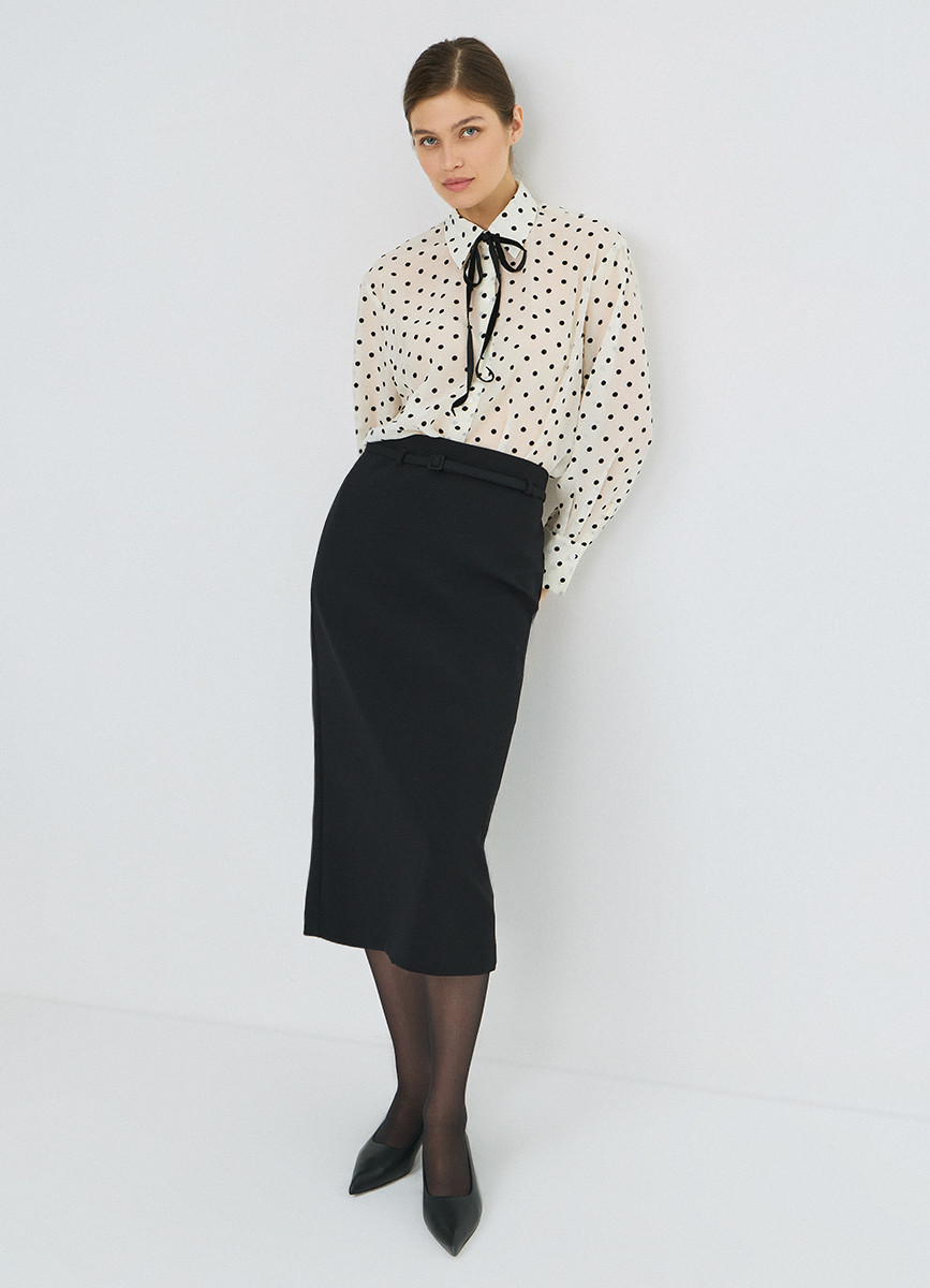 Women's White Black Polka Dot Bow Tie Collar Blouse, Long Sleeve Flock Print Shirt with Curved Hem