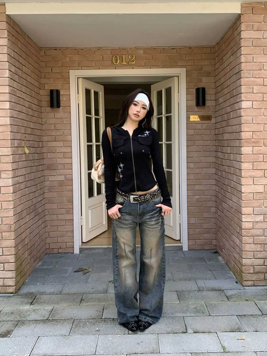 Retro Punk Goth Washed Jeans Women Y2K Streetwear Distressed Dirty Dyed Harajuku Street Loose Casual Straight Wide Leg Jeans C251110